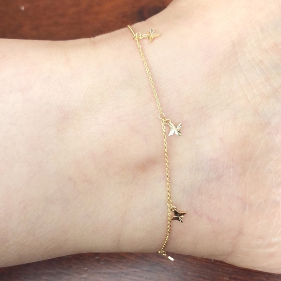 14K Solid Gold 7 Dangle Stars Ankle Bracele Anklet - Picture 7 of 7